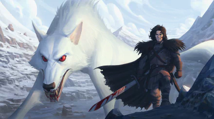 Jon Snow stands confidently with a sword, accompanied by a fierce white wolf in a snowy landscape, capturing the essence of fantasy from A Song of Ice and Fire and Game of Thrones.
