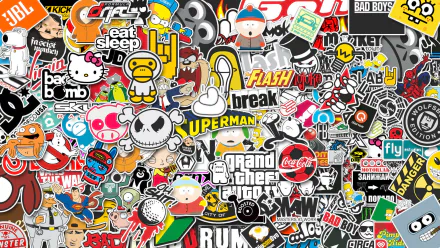 HD desktop wallpaper featuring a vibrant collage of various stickers in a sticker bomb style, with JDM theme and pop culture references.
