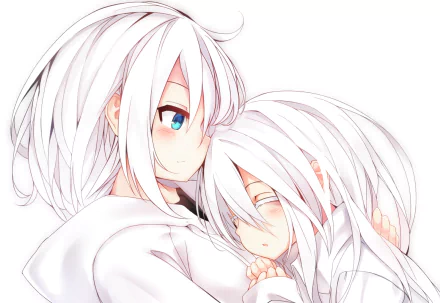Anime-inspired HD wallpaper featuring characters with white hair, blue eyes, and blush. One character has short hair, while the other has long hair, creating a soothing and endearing scene.
