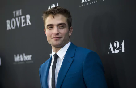 Robert Pattinson in a stylish blue suit at a film premiere, exuding charisma against a dark backdrop featuring The Rover and A24 branding. A striking HD wallpaper for fans.