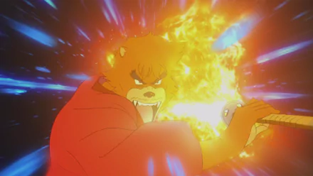 HD anime wallpaper from Bakemono no Ko (The Boy and the Beast) featuring a fierce character wielding a sword engulfed in vibrant flames.