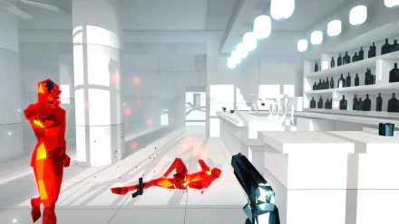 HD wallpaper from the game SUPERHOT featuring a stark white interior with red crystalline figures and a gun in the foreground.