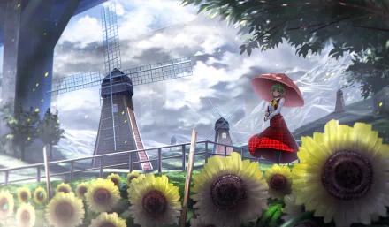 HD anime desktop wallpaper featuring Touhou character Yuuka Kazami standing in a sunflower field with windmills and a cloudy sky in the background.