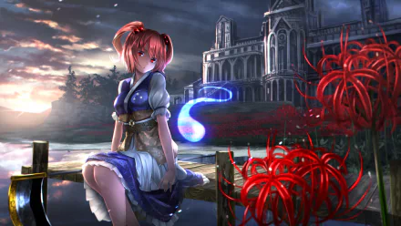 A stunning HD wallpaper featuring Komachi Onozuka from the anime Touhou, set against a serene landscape with a mystical glow and vibrant red flowers.