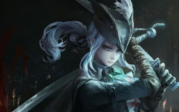 HD desktop wallpaper featuring Lady Maria from the video game Bloodborne, with a dark, atmospheric background and a detailed, captivating illustration of the character holding a sword.