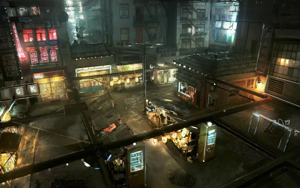 HD cyberpunk city scene wallpaper featuring neon-lit streets and futuristic architecture for a desktop background.