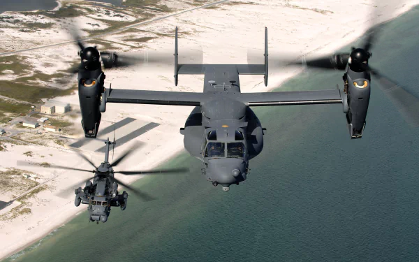 HD desktop wallpaper featuring a Sikorsky MH-53 helicopter flying alongside a Bell Boeing V-22 Osprey over a coastal landscape.