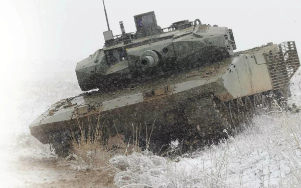 HD desktop wallpaper featuring a military Altay tank maneuvering through a snowy, rugged terrain.