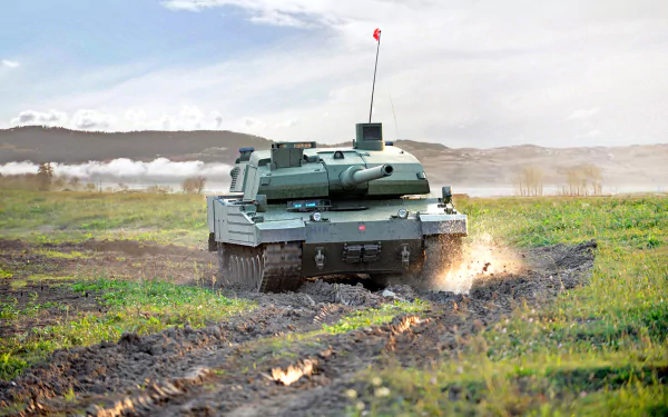 HD desktop wallpaper featuring a military Altay tank moving across a grassy field under a cloudy sky.