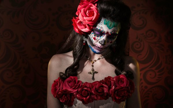 Artistic Sugar Skull Flower Red Flower Brunette Makeup HD Wallpaper | Background Image