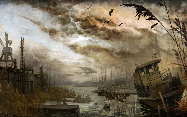 HD PC desktop wallpaper featuring a bleak, abandoned industrial landscape from the video game S.T.A.L.K.E.R.: Call of Pripyat with dark skies and dilapidated structures.