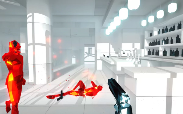 HD wallpaper from the game SUPERHOT featuring a stark white interior with red crystalline figures and a gun in the foreground.