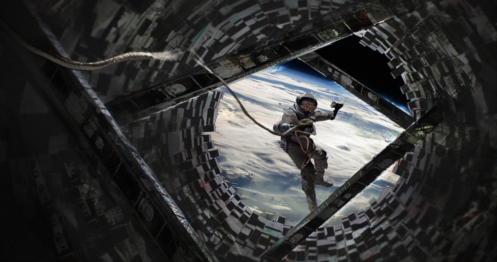 HD PC desktop wallpaper of an astronaut in a space suit floating near a futuristic space station with a planet and space in the background, capturing a sci-fi atmosphere.