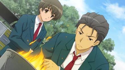 Taniguchi and Kunikida from The Melancholy of Haruhi Suzumiya in school uniforms tending a campfire outdoors, HD desktop wallpaper.