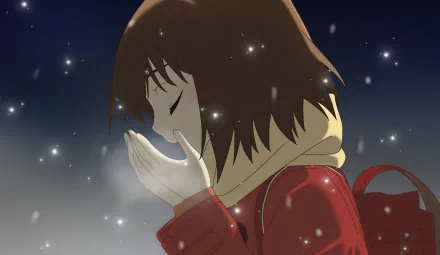 A serene HD wallpaper featuring Kayo Hinazuki from the anime Erased, capturing a moment of quiet reflection as snow gently falls around her.