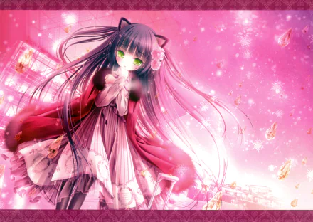 A cute anime cat girl with long black hair and striking green eyes stands against a vibrant pink background, featuring delicate floral elements and sparkles, presented in 8K Ultra HD resolution.