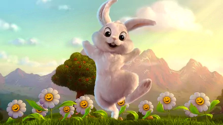 An HD desktop wallpaper featuring a joyful bunny surrounded by smiling daisies, set against a serene landscape with mountains, capturing the essence of an Easter holiday.
