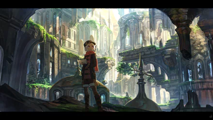 An anime character with white short hair, a hat, and red eyes stands amidst ancient ruins bathed in sunlight. The detailed HD wallpaper showcases lush greenery and architectural beauty.