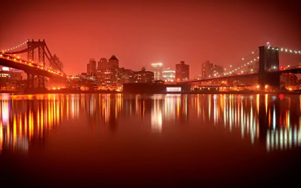 Manhattan Bridge orange (Color) Brooklyn Bridge river reflection night city bridge man made New York HD Desktop Wallpaper | Background Image