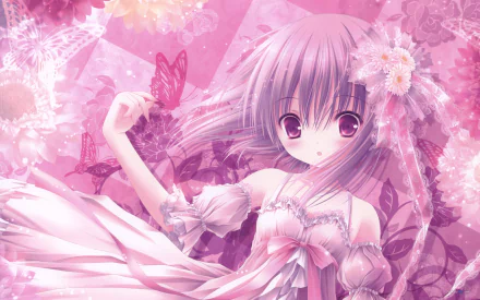 Anime-style HD desktop wallpaper featuring a cute girl with pink-purple hair in a flowing dress surrounded by butterflies and soft floral patterns.