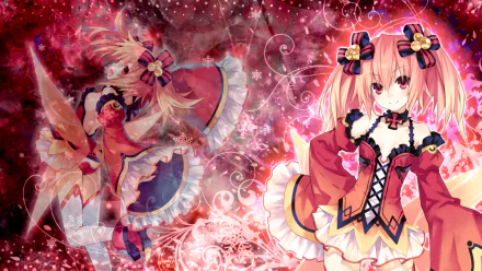 Eryn from Fairy Fencer F features prominently in this HD desktop wallpaper, showcasing her striking pink hair and red eyes against a vibrant, swirling backdrop.