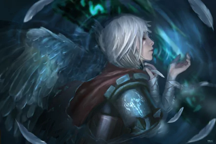 HD desktop wallpaper featuring Riven from League of Legends, depicted with ethereal wings in a brooding, magical setting.