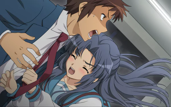HD PC desktop wallpaper of Ryōko Asakura and Kyon from The Melancholy of Haruhi Suzumiya: Kyon leaning close as Ryōko blushes and laughs in school uniform, her long hair flowing.