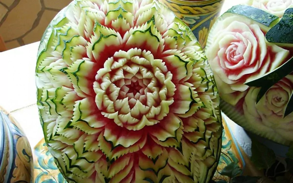 HD desktop wallpaper featuring an intricately carved watermelon with detailed floral patterns showcasing expert food carving artistry.
