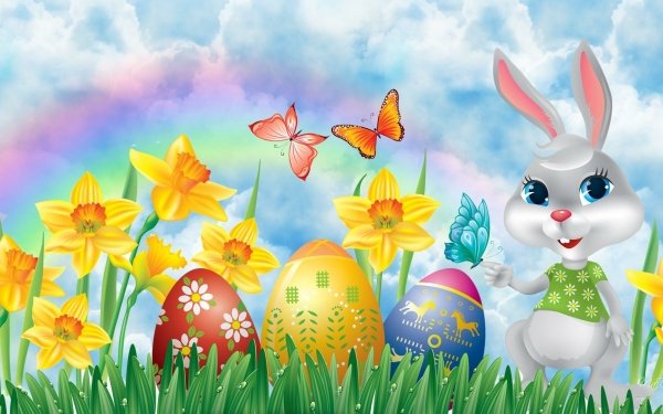 Día festivo Pascua Bunny Flor Narciso Huevo Easter Egg Colores Colorful Fondo de pantalla HD | Fondo de Escritorio