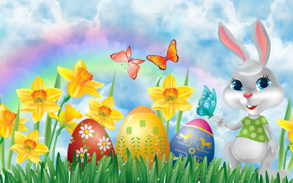 A cheerful Easter scene featuring a cute bunny, colorful decorated eggs, vibrant daffodils, and butterflies under a rainbow, creating a festive and lively atmosphere.