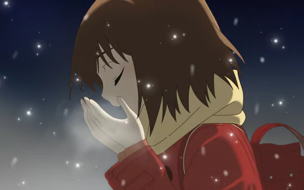 A serene HD wallpaper featuring Kayo Hinazuki from the anime Erased, capturing a moment of quiet reflection as snow gently falls around her.