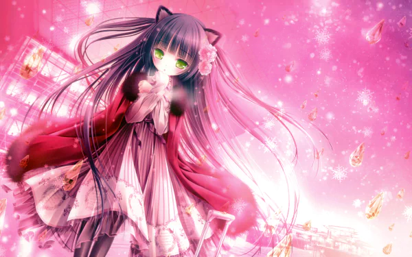 A cute anime cat girl with long black hair and striking green eyes stands against a vibrant pink background, featuring delicate floral elements and sparkles, presented in 8K Ultra HD resolution.