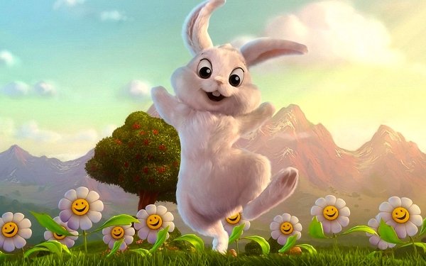 Día festivo Pascua Bunny Blanco Hierba Flor Margarita Árbol Fondo de pantalla HD | Fondo de Escritorio