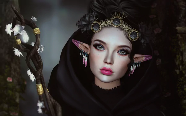 blue eyes pointed ears headband staff fantasy elf HD Desktop Wallpaper | Background Image