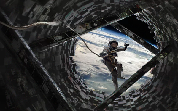 HD PC desktop wallpaper of an astronaut in a space suit floating near a futuristic space station with a planet and space in the background, capturing a sci-fi atmosphere.