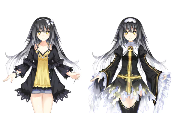 An HD anime wallpaper featuring Marina Arusu, with striking yellow eyes and black hair, dressed in a black dress, showcasing two different outfits from Date A Live.