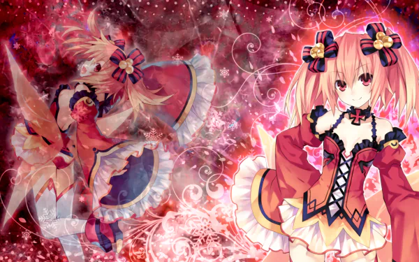 Eryn from Fairy Fencer F features prominently in this HD desktop wallpaper, showcasing her striking pink hair and red eyes against a vibrant, swirling backdrop.