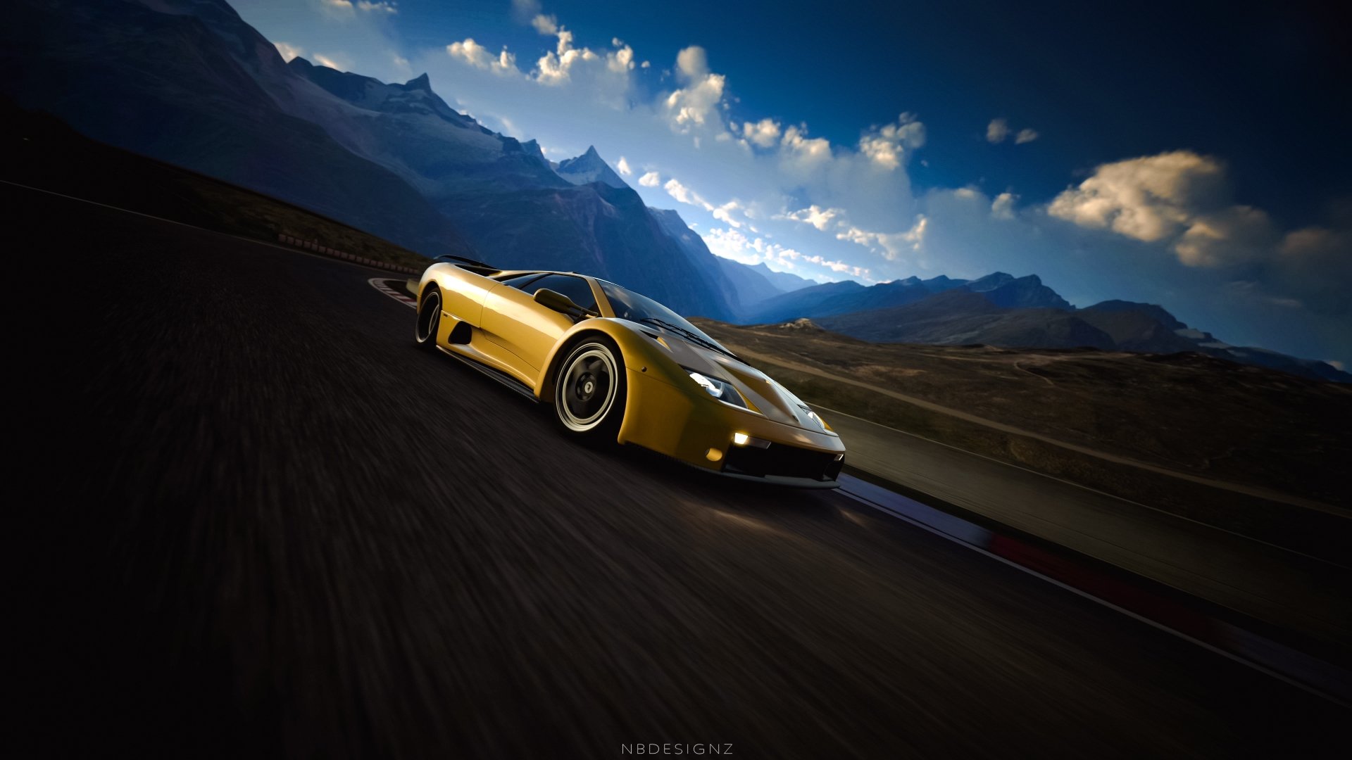 Golden Lamborghini Diablo sports vehicle speeding along a mountain road at dusk — 4K Ultra HD PC desktop wallpaper background.