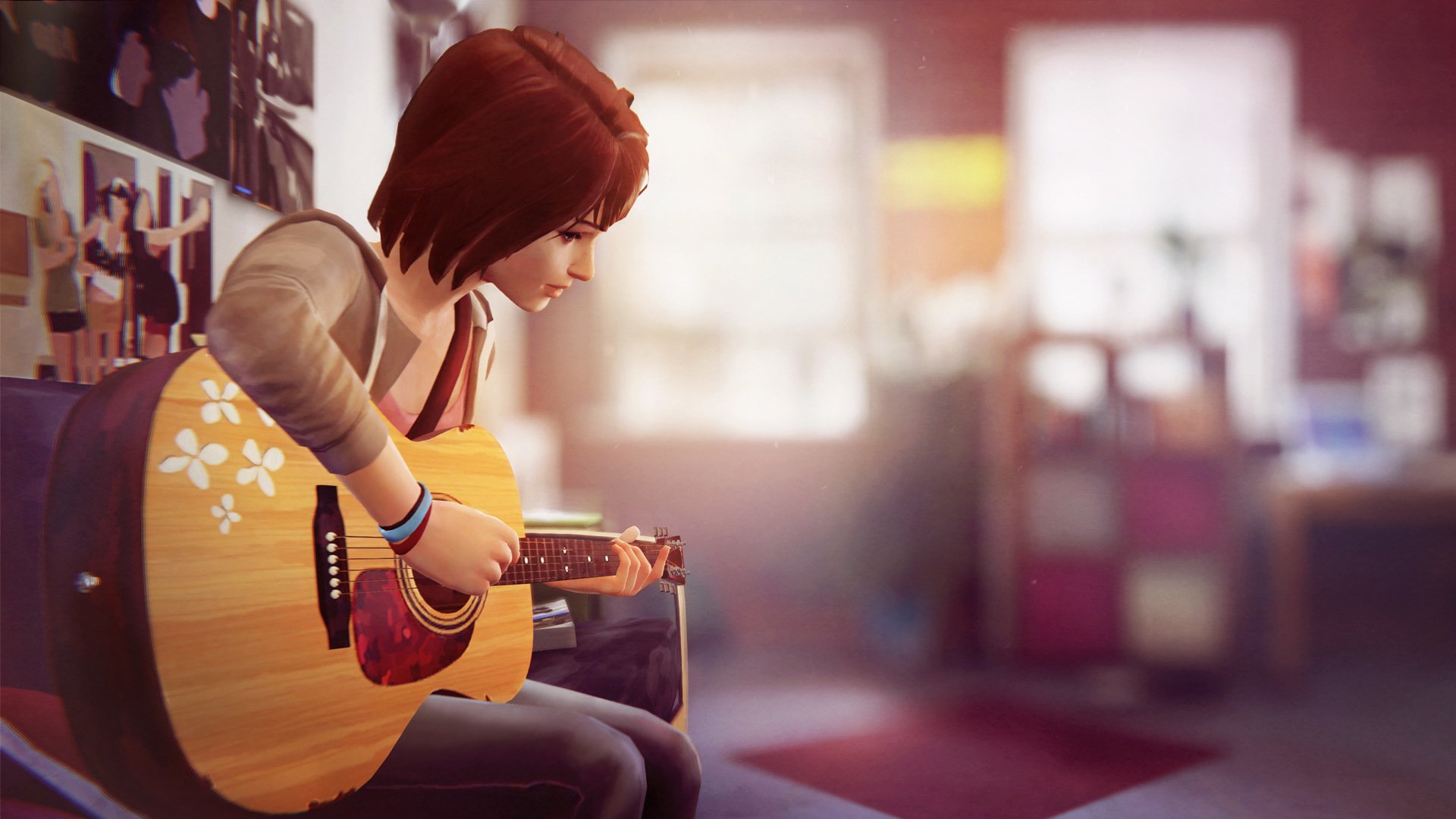 Max Caulfield from the video game Life Is Strange strums an acoustic guitar in a warmly lit room filled with posters, creating an intimate and nostalgic atmosphere.