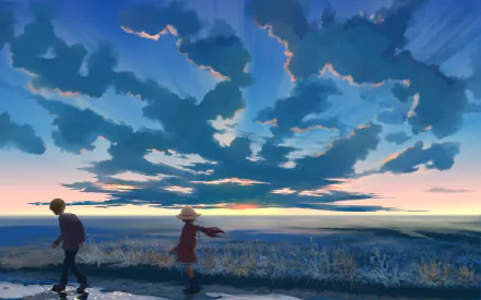 Anime-style HD wallpaper showing two children, one in a hat, walking under a dramatic cloudy sky at sunset, with a wide horizon in the background, encompassing elements of nature.