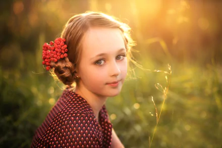 A serene child with blue eyes and blonde hair sits in a sunlit field, adorned with a floral accessory. The soft bokeh enhances the warm, dreamy atmosphere of the HD wallpaper.