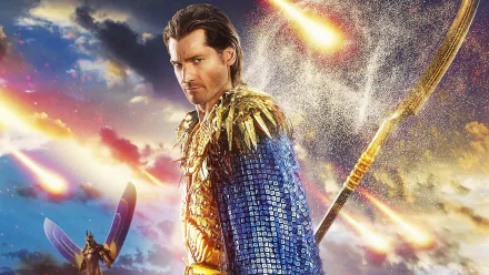 A striking HD wallpaper from the movie Gods of Egypt, featuring a golden-armored character against a dramatic sky filled with meteors, showcasing epic fantasy elements.