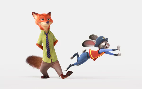 Nick Wilde and Judy Hopps from the movie Zootopia shine in this vibrant HD desktop wallpaper, showcasing their playful dynamic in a colorful backdrop.