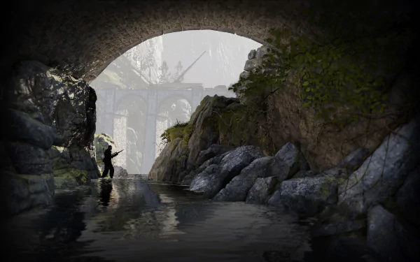 4K Ultra HD PC wallpaper from Sniper Elite 4 featuring a sniper aiming beneath a stone bridge in a rocky, lush environment with a moody, tactical atmosphere.