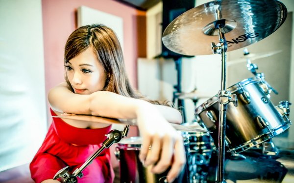 Music Women Drum Set Oriental Red Dress Instrument HD Wallpaper | Background Image