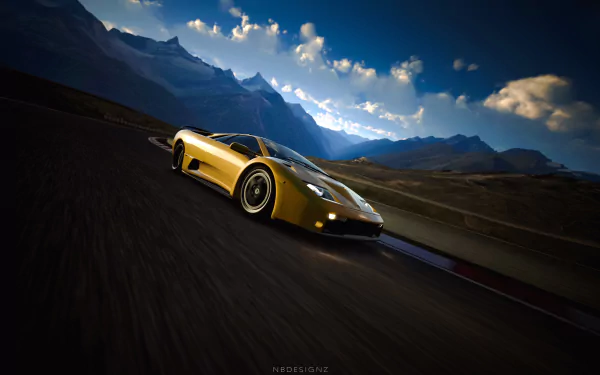 Golden Lamborghini Diablo sports vehicle speeding along a mountain road at dusk — 4K Ultra HD PC desktop wallpaper background.