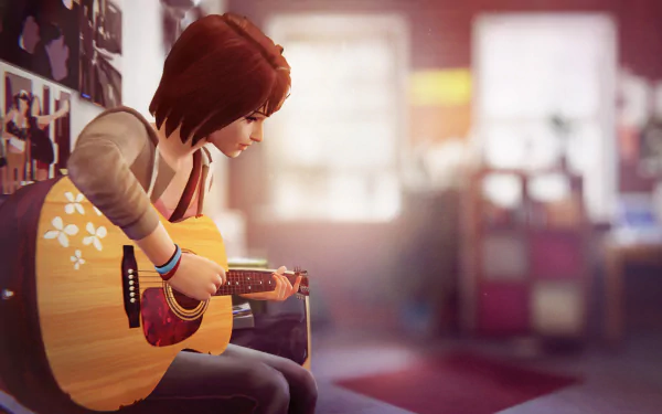 Max Caulfield from the video game Life Is Strange strums an acoustic guitar in a warmly lit room filled with posters, creating an intimate and nostalgic atmosphere.