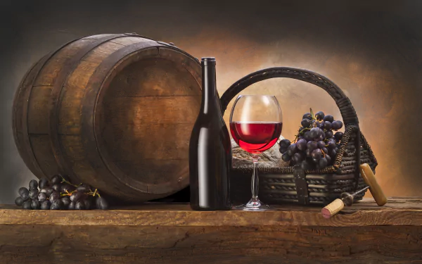 5K Ultra HD PC desktop wallpaper and background: still life of a wine bottle, filled glass, basket of grapes and cork beside a wooden barrel on a rustic wooden table.