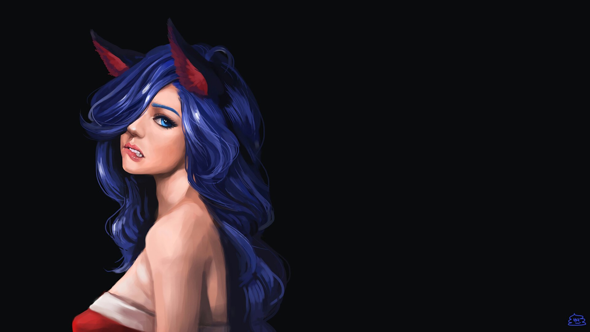 HD PC desktop wallpaper featuring Ahri from the video game League of Legends, with flowing blue hair and red fox ears against a black background.