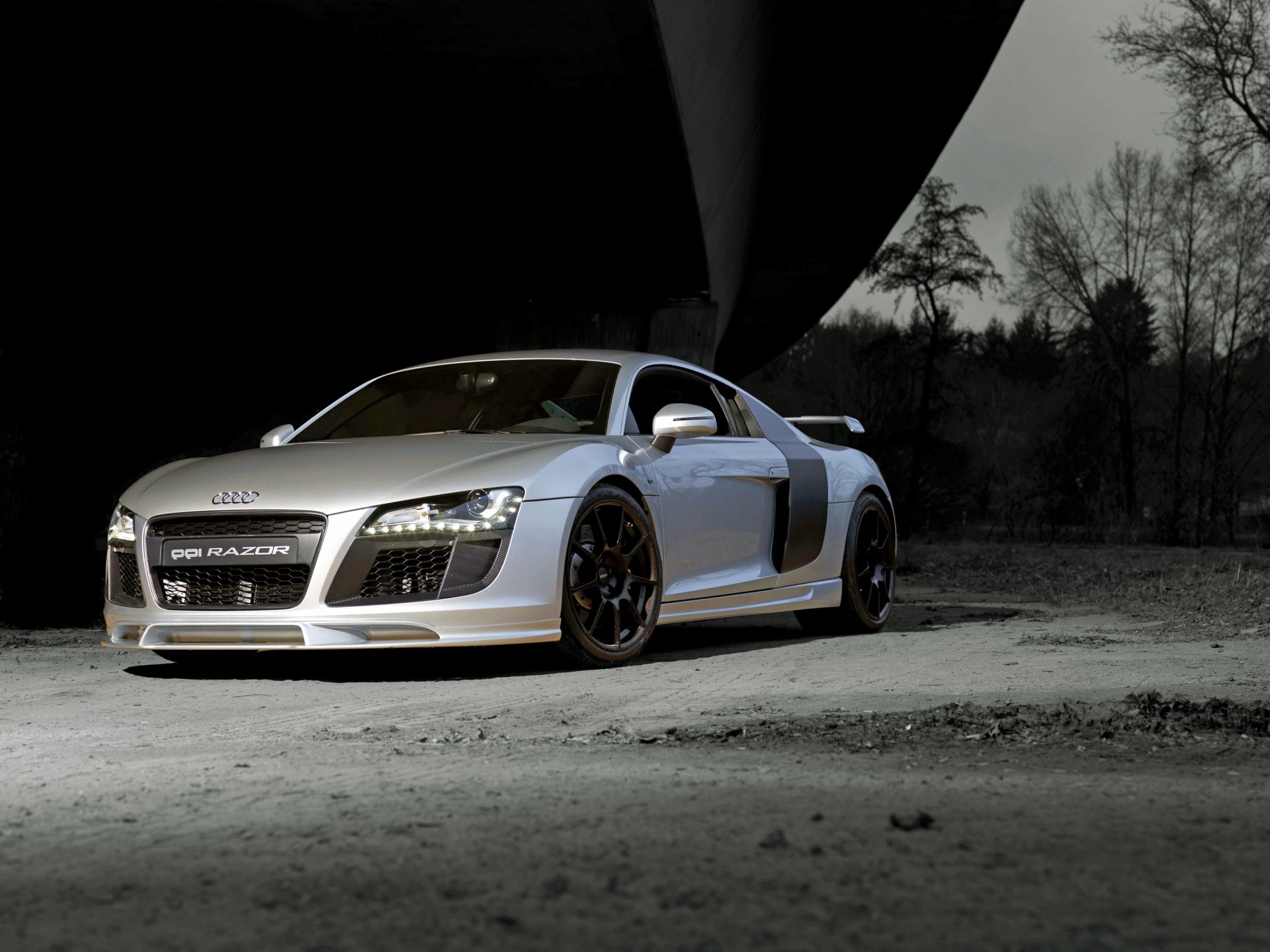 Silver Audi R8 Razor supercar parked under a bridge at dusk, showcased as a high-definition PC desktop wallpaper and background.